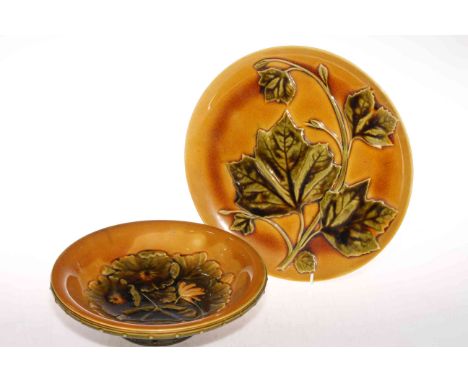 Linthorpe Pottery Chr. Dresser low tazza with moulded foliate decoration, shape no, 623, together with large Linthorpe Potter