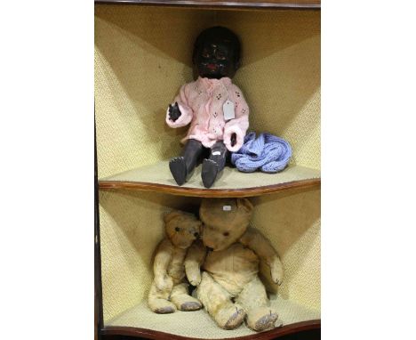 Pedigree black doll and two vintage teddy bears.