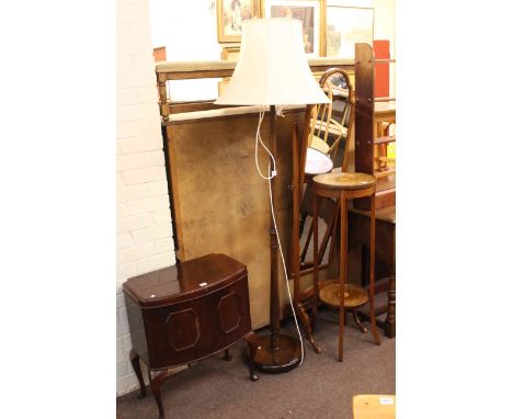 Mahogany bow front sewing cabinet and contents, standard lamp and shade, Edwardian inlaid mahogany plant stand and arched top