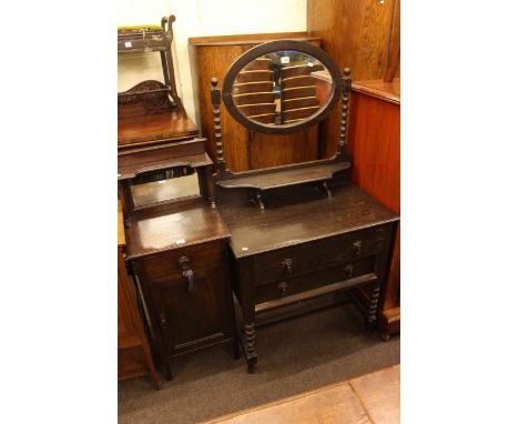 Early 20th Century oak mirror backed pedestal, oak bobbin leg dressing table and two bedroom chairs (4).