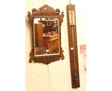 Regency style fretwork wall mirror and oak mounted stick barometer (2).