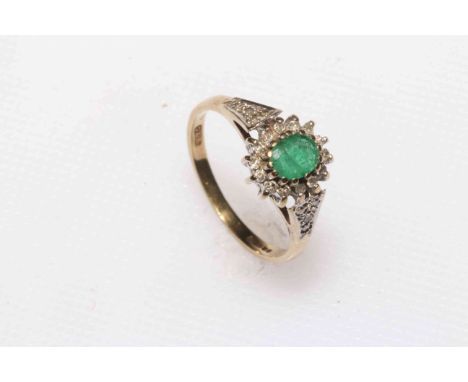 Emerald and diamond 9ct yellow gold ring, size K.