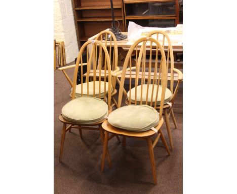 Set of four vintage Ercol elm and beech Quaker back dining chairs, including pair carvers.