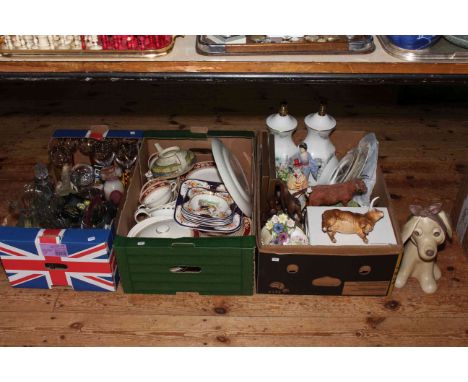 Three boxes of china and glass including Sylvac dog, pair of Aynsley lamp boxes, ornaments, dinnerware, etc.