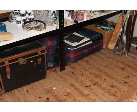 Cased fabrics, books, golf clubs, prints, trunk, bats, etc.