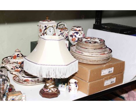 Mason's Ironstone Mandalay porcelain including table lamp, tureen, dinner plates, clock, etc, approximately 28 pieces.