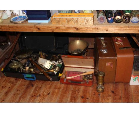 Collection of brassware including miners lamps, clocks, measures, Avery scales and weights, vintage suitcases, etc.