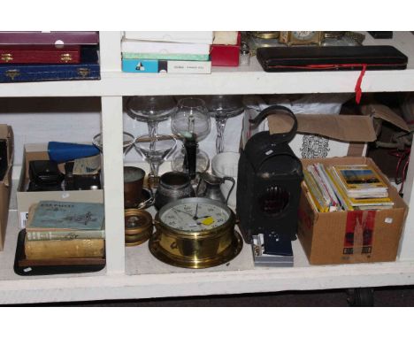 Ships clock, railway lamp, maps, metalwares, cameras, stamps, embroidery frame, cigarette cards,pictures, glass, china etc.