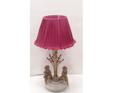 Heavy Brass &amp; Marble Cherub Table Lamp &amp; Shade  Dimensions: 74cm H