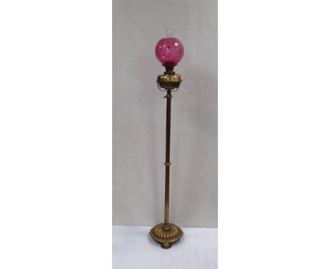19C Brass Telescopic Oil Lamp with Cranberry Shade  