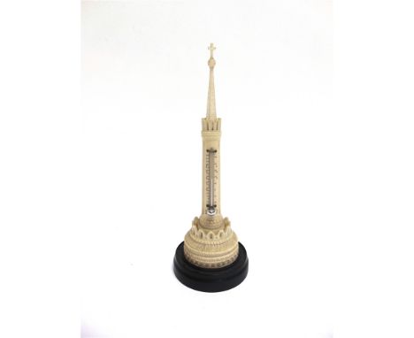 A 19TH CENTURY ANGLO-INDIAN IVORY DESK THERMOMETER  in the form of a tower with a spire, set to a turned ebony base, overall 