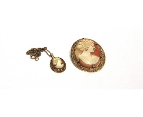 A 9 CARAT GOLD SHELL CAMEO BROOCH with a shell cameo pendant on chain, 9.9g gross