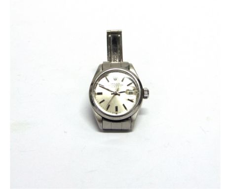 ROLEX, OYSTER PERPETUAL DATE a lady's stainless steel bracelet watch, the white dial with steel and black batons, hands and s