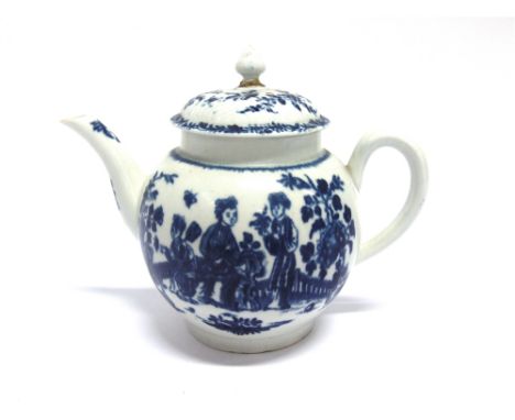 AN 18TH CENTURY WORCESTER TEAPOT  with Chinoiserie decoration of  three figures in a garden, underglaze blue 'W' to base, 14c