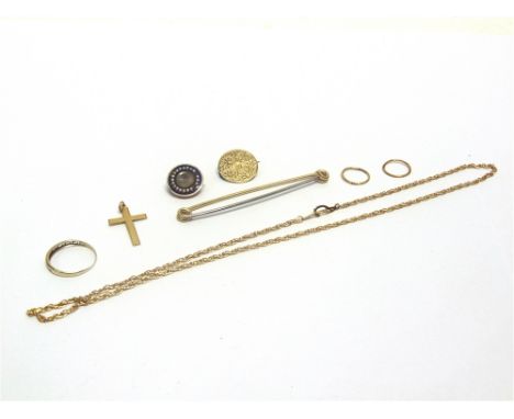 A 9 CARAT CROSS PENDANT  0.8g gross, a Greek key patterned ring, 0.7g gross; a pair of sleeper earrings; a 19th century circu
