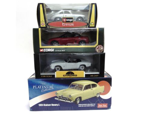 FOUR DIECAST MODEL CARS  comprising a 1/18 scale Sun Star No.5092, 1951 Kaiser Henry J, Indian ceramic pink; 1/18 scale Chron