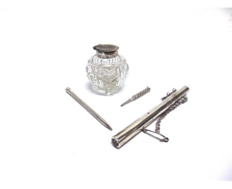 A SILVER PEN HOLDER  marks rubbed, the long plain cylinder with pull off cover, with suspension chain and pin which retains t