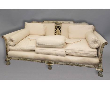 AN EARLY 20TH CENTURY BERGERE THREE PIECE SUITE  the frame with Chinoiserie decoration, on cabriole claw supports, the sofa 1