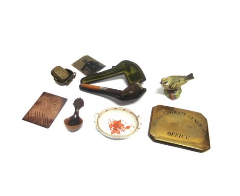 A GROUP OF ASSORTED OBJETS DE VERTU  including Herend pin dish, other miniature glass and ceramics, horn caddy spoon, cased s