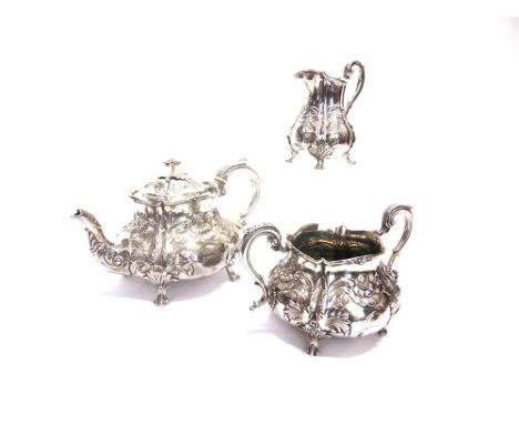 A MATCHED WILLIAM IV SILVER THREE PIECE TEA SERVICE by Joseph Angell I & Joseph Angell II, London 1835 and 1836, of compresse