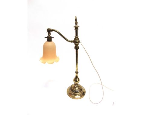 A LARGE BRASS PULLMAN TYPE ADJUSTABLE TABLE LAMP  with glass shade, 60cm high