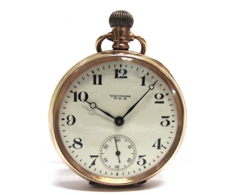 WALTHAM, A 9 CARAT GOLD OPEN FACED POCKETWATCH  the white enamel signed dial with black Arabic numerals, hands and sunken sub