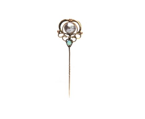 AN ART NOUVEAU OPAL AND BLISTER PEARL SET STICKPIN