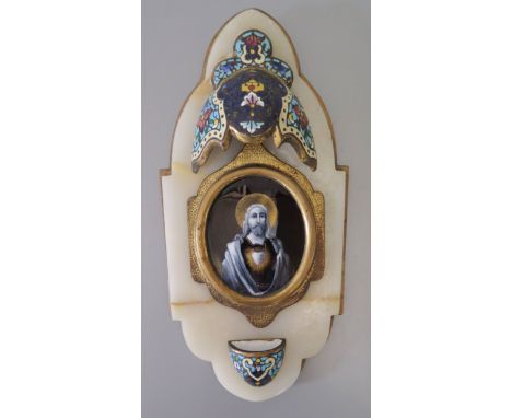 A Nineteenth Century Onyx and Champlevé Enamel Holy Water Stoop, 20.5 x 10cm