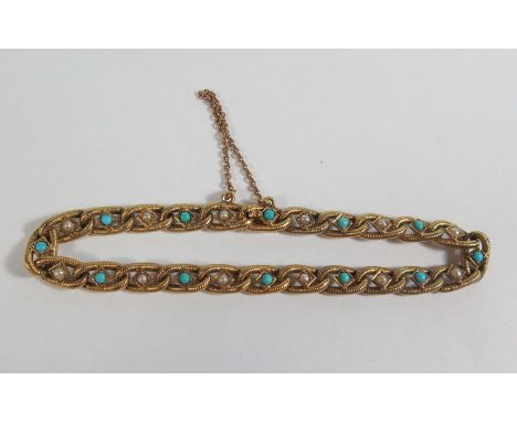 A French 18ct Gold, Turquoise and Seed Pearl Bracelet, 7.7g 
