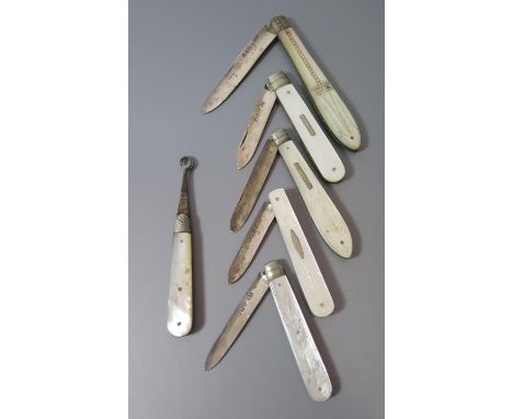 Five Mother of Pearl and English Silver Fruit Knives and button hook 