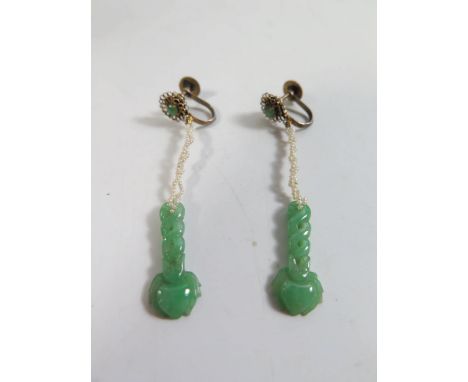 A Pair of Chinese Screw Back Jadeite and Seed Pearl Pendant Earrings, c. 6cm drop. Sold with Hong Kong Jewellers and Goldsmit
