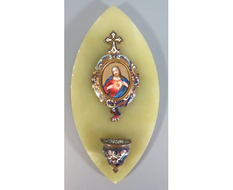 A Nineteenth Century Onyx and Champlevé Enamel Holy Water Stoop, engraved verso 'a Helene Fouguet Souvenir...4 Juin 96, 21.5 