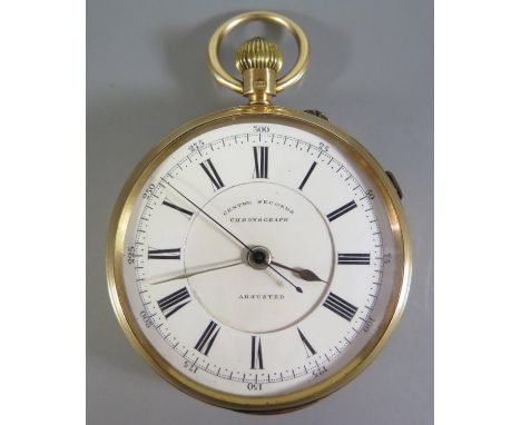 A Victorian 18ct Gold Open Dial Centre Seconds Chronograph Keyless Pocket Watch, the 45mm enamel dial with Roman numerals, mo