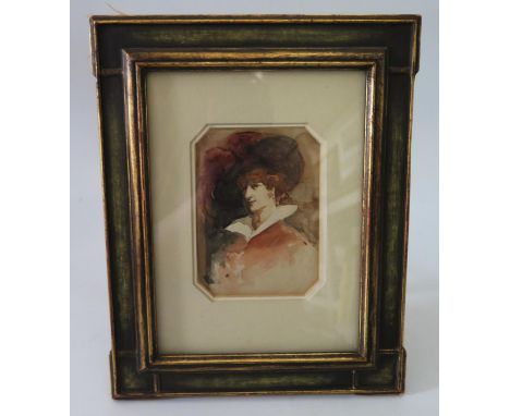 Attrib. George Morton (British 1879-1907), Portrait of Lady with hat, watercolour, 12 x 8.5cm. Label verso indicating bought 