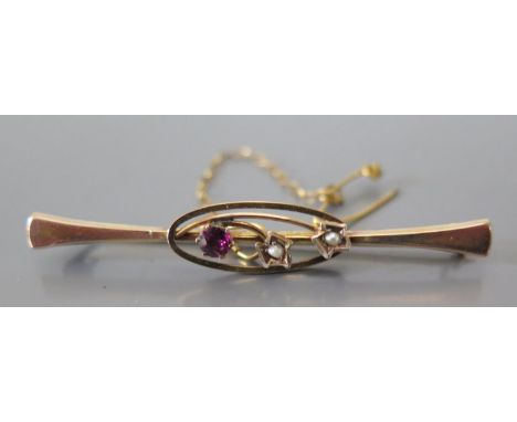 A Cased 9ct Gold Ruby and Pearl Brooch, 50mm, 2g 