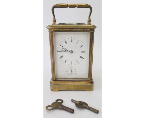 A Japy Freres et Cie Twin Train Repeating Carriage Clock, the enamel dial with Roman numerals and subsidiary seconds dial, 18