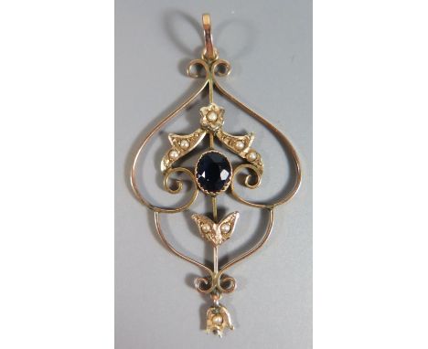 A 9ct Gold, Sapphire and Seed Pearl Pendant, 50mm drop, 2.6g 