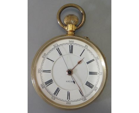 An 18K Gent's Keyless Open Dial Chronograph Pocket Watch, the 43mm enamel dial with centre seconds and numbered 69350, also n