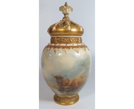 A Royal Worcester Vase 2048 with cover decorated with a scene of Highland Cattle, signed H. Stinton, 23cm. Finial damaged 