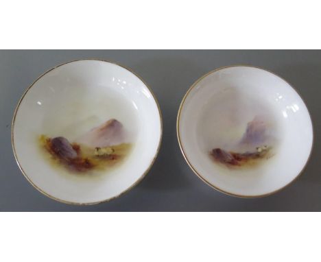 Two Royal Worcester Hand Painted Pin Dishes decorated with sheep, E. Barker and 