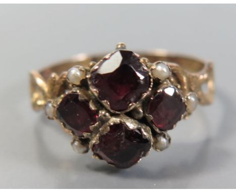 A 22ct Gold, Garnet and Seed Pearl Ring, Birmingham 1873?, size I, 1.5g 