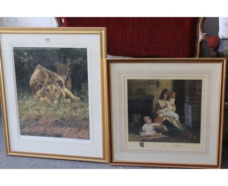 A David shepherd limited edition print Biscuits 1176/1200 &amp; a similar David Coombs print of Lion title The Hypnotist 698/