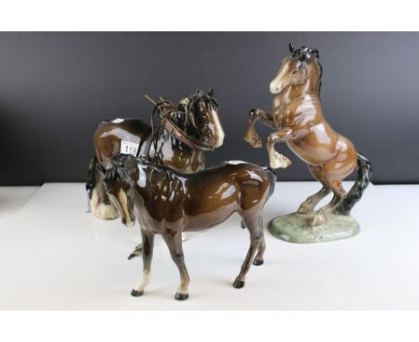 Beswick Brown Shire Mare, model 818 together with Beswick Brown Mare facing left, model 976 and Beswick Brown Welsh Cob reari