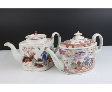 Two 18th century English soft paste ceramic teapots in the Chinese style. 
