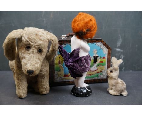A small collection of vintage toys to include a Steiff rabbit and a Popeye lunchbox. 