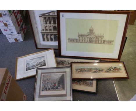 A quantity of framed and glazed prints to include two Rowlandson engravings Fleet Prison, A Trip To Brighton plates 1 2 and 3