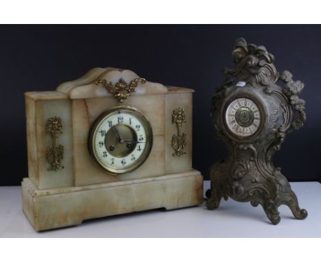 A late 19th century Alabaster mantle clock with gilt decoration together with another clock (A/F). 