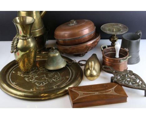 A collection of mixed brass and copper ware to include pots, firescreen, brass trays and decorative brass ornaments