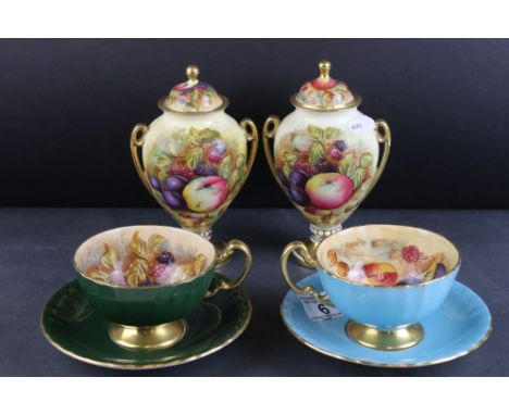 Collection of Aynsley Orchard Gold Ceramics comprising Pair of Lidded Urns, 17cms high and a Pair of Cabinet Cups and Saucers