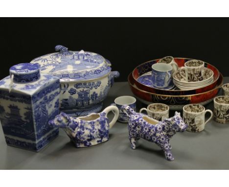 A quantity of blue and white and other ceramics to include tea caddy, tureen, coffee cans, creamers etc 